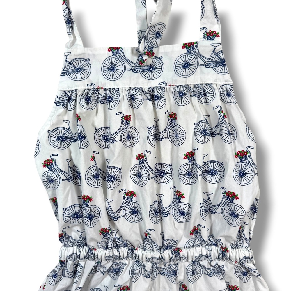 Eleanor Rose Romper Girls Size 7-8 White Bicycle Print Halter Pom Pom Trim